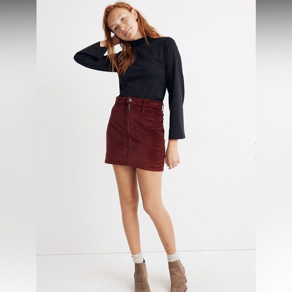 J. Crew Madewell Stretch Velveteen Straight Zip Mini Skirt Red Burgundy NWOT